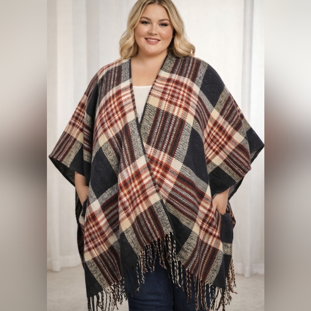 Anne Klein Plaid Wrap Cape in Navy, Cream & Wine